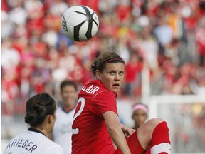 Canadian captain Christine Sinclair (right) and Ali Krieger of Team USA eye the ball during Sunday night's friendly at BMO Field. (Stan Behal/Toronto Sun)