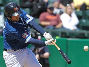 Winnipeg Goldeyes first baseman Casey Haerther puts the bat on the ball during a 4-3 loss to the Fargo-Moorhead RedHawks on Sun., June 2, 2013 at Shaw Park in Winnipeg, Man. KEVIN KING/Winnipeg Sun/QMI Agency