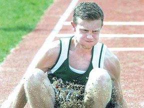 Stratford Central's Ryan Foster competes in triple jump at OFSAA West Regionals in Cambridge Saturday. (SCOTT WISHART The Beacon Herald)
