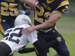 Sault Steelers evened their Northern Football Conference record at 1-1 on Saturday with a 32-7 win over the visiting Toronto Raiders at Rocky DiPietro Field. It was the 2013 season home opener for the Steelers. Veteran running back Josh Gauthier picks up some yardage.