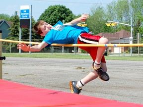 Students showed their stuff at the Ripley Huron Community School track and field at the Davidson Centre on May 30, 2013. Carson Rutledge, Grade 5, takes his turn at the junior boys high jump. (ALANNA RICE/KINCARDINE NEWS)