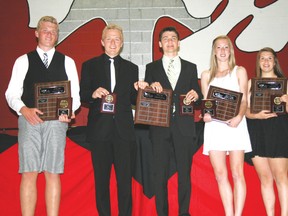 From left, Eric Sundmark, Jarrod Sundmark, Patrick Van Belleghem, Sami Burkart and Gilly Derouard all hold up their Athlete of the Year awards at the St. Thomas Aquinas Athletic banquet on Sunday, June 3.
GRACE PROTOPAPAS/Daily Miner and News