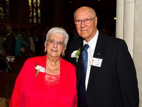 Margaret,86, and Jim Miklos, 90, received their 67-year anniversary certificate from Bishop Douglas Crosby in the annual Anniversary Mass at Cathedral Basilica of Christ the King in Hamilton on Sunday afternoon. (Photo courtesy of Mike Perron)