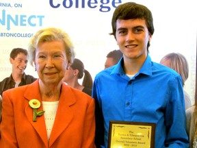 Norma Cox and Tyler Rotteau pose for a photo after Rotteau was named the overall winner of the Norma and Edward Cox Secondary School Volunteer Award on June 3, 2013 in Sarnia, Ont. LIZ BERNIER/ THE OBSERVER/ QMI AGENCY