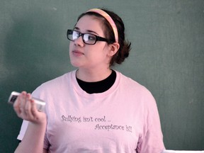 Leading Seaman Sarah Zuidema of Royal Canadian Sea Cadet Corps Tiger calls upon her shipmates to take a stand against bullying during a special presentation as part of the unit's first Pink Shirt Day.