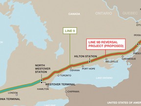 The above map shows the Enbridge Line 9 route between Westover and Montreal.
Submitted illustration