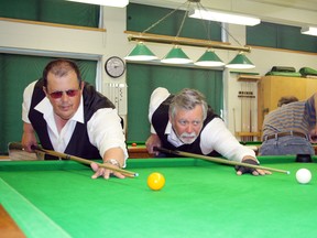 Sudbury snooker players Claude Langlois, left and Eric Downie will compete in the Canadian Senior Snooker Championships in Toronto at the end of the month. Ben Leeson/The Sudbury Star/QMI Agency