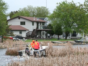 City workers use the new square bow boat to push a ‘floating bog’ of aquatic vegetation from the vicinity of the Eight St. bridge where it was blocking marine access to Laurenson’s Creek, Friday, May 31.
REG CLAYTON/Daily Miner and News