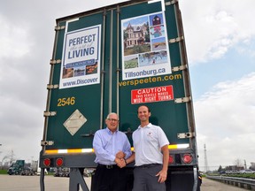 Tillsonburg Mayor John Lessif; left, thanks Scott Verspeeten, General Manager of Verspeeten Cartage, for partnering with the Town of Tillsonburg in a campaign to attract new residents and investment to the Town. 

CONTRIBUTED PHOTO