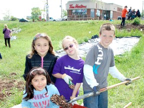 Students helped improve the local water quality and gain hands-on experience on May 29, 2013 at the local storm pond. L-R: Grade 4 St. Anthony's students Arianna Imbaquingo, Ana Maria Morariu and Rina Casciano help Huron Heights Public School student Dakota Condie spread mulch around the area. (ALANNA RICE/KINCARDINE NEWS)