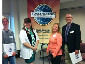 New members of the Whitecourt River Talkers Toastmaster’s Club. From left to right: Sabrina Boyle, Heather Anderson – President,  Carla Coats and Rob McMahon.
Submitted