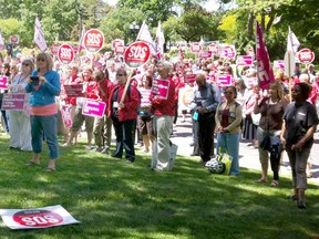 Quinte West residents and politicians were among hundreds of people who rallied at Queen’s Park in Toronto Tuesday over hospital cuts. 
Submitted photo.