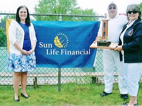 Pictured are the winners of the Josephine Bevan trophy Eric and Sandy Weatherall from Chesley with Patti Underwood of Sun Life Financial.