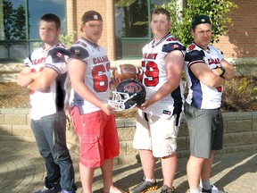 Fred Rinne/ Daily Herald-Tribune
Adding Peace Country flavour – not to mention a lot of size and speed – the Calgary Colts inked local MPFL grads (left to right) Brody Barrington (offensive line), Peace River (Glenmary), Kruise Hofferd (offensive line) GP Comp, Alex Stewart (offensive line), St. Joe’s, and Oleks Bobrovsky (linebacker), St. Joe’s.