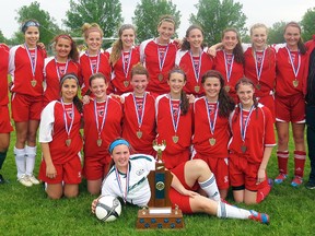 The St. Paul Jr. Falcons captured the COSSA 'AAA' girls soccer championship with a 3-1 victory over the Moira Trojans last week at Belleville's Zwick's Park. Team members are, front row from the left: Taylor Lemire, Mikayla MacDonald, goalkeeper Haley Wilman, Makenna OíNeill, Julia Tees, Aly Morris, and Amber Desgroseilliers; Back row: coach Jared Storms, Samara Gauthier, Olivia Christiaanse, Caitlin DeBattista, Maddy Carruthers, Alyssa Houle, Mikenzie Richard, Jessica Wenzowski, Kyra Jodouin, Skye Verheyen, Nadine Adair, coach Jed Devenish, and coach Gary Pearson.