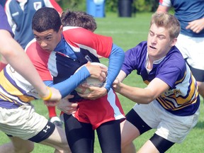 St. Paul Falcons' Tyler Power tries to fend off a pair of I.E. Weldon Wildcats during the COSSA 'AAA' rugby championships last Wednesday at Belleville's M.A. Sills Park.