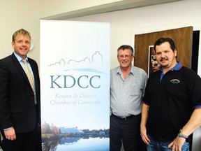 The new president of the Northern Ontario Associated Chambers of Commerce, Michael Nitz (left), meets with the president of the Kenora and District Chamber of Commerce, Wes Rominak (right), and first vice-president, Blair Hutchings (centre).