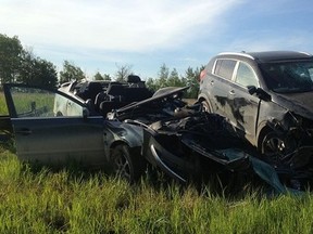 The cars involved in a Highway 63 crash Wednesday morning near Boyle. Photo courtesy Boyle RCMP