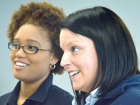 Human resources specialists Giselle Sargeant, left, and Justine Cummings welcomed jobseekers to the TG Minto Corporation job fair at Partners in Employment Wednesday in Stratford. (SCOTT WISHART The Beacon Herald)