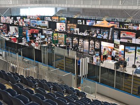 One of two rinks at the Wayne Gretzky Sports Centre is filled with exhibitor booths on Wednesday,  the first day of the two-day Association of Ontario Road Supervisors annual municipal trade show. (BRIAN THOMPSON, The Expositor)