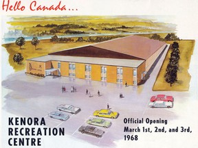 A postcard promoting the official opening of the Kenora Recreation Centre in 1968.