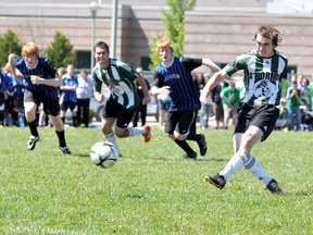 The O’ Gorman Knights came back from a 2-0 deficit at the hands of No. 7 ranked Walkerton Riverhawks in their first game of the tournament to finish the game tied at 2-2. Taylor Cooper's last second penalty-kick goal, pictured, capped off the comeback.