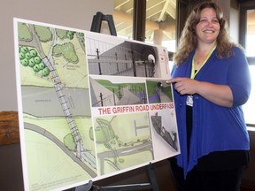 Suzanne Gaida points to a board with plans of the Griffin Road Underpass during an open house at Ranchehouse on May 7.