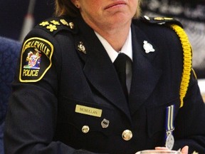 Chief Cory McMullan listens to the discussion during a Belleville Police Services Board meeting at city hall in Belleville, Ont. Thursday, June 6, 2013. A more orderly meeting meant the chief was not on the defensive against members questioning her budget. Luke Hendry/The Intelligencer/QMI Agency