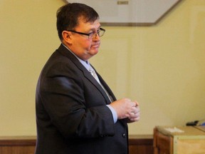 Police services advisor Brian Haggith of the Ontario Ministry of Community Safety and Correctional Services, speaks to the Belleville Police Services Board at city hall in Belleville, Ont. Thursday, June 6, 2013. He spoke only during the meeting's closed session and declined an interview request.  Luke Hendry/The Intelligencer/QMI Agency