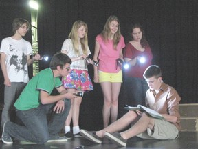 Kincardine Youth Theatre Enterprise will present 'Bang, Bang Your're Dead' June 13-15. Actors Spencer Cook, Steven Travale, Emily Rogers, Robyn Mercanti, Riley Nowak and Robert Colquhoun rehearse a group scene. (AVERY LAFORTUNE/KINCARDINE NEWS CO-OP)