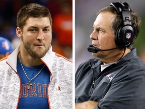 A composite image of Tim Tebow (REUTERS/JONATHAN BACHMAN) and Bill Belichick (REUTERS/JESSICA RINALDI).