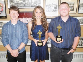 SARAH DOKTOR Simcoe Reformer
Waterford District High School handed out their athlete awards during a ceremony on Thursday. From left to right, Blair McKay received the A.H. Campbell award while Erin Patterson and Nicholas Howard received the junior athlete of the year awards.