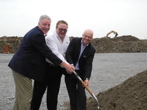 Algonquin Power broke ground on a 60-acre solar farm on County Road 19 on Thursday. From left are company chief executive officer Ian Robertson, contractor Nick Fiduccia, and chief financial officer Chris Jarratt.
Cheryl Brink staff photo