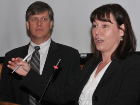 Brockville and District Chamber of Commerce executive director Anne MacDonald and president David Keenleyside advocate for regional economic development to a United Counties committee Thursday. (NICK GARDINER The Recorder and Times)