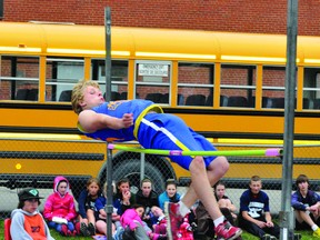 Kurtis Hayden of the St. Joseph Jaguars (Gananoque) sails over the bar in Grade 7 boys high jump action during Thursday's LGESAA Track and Field Championships at TISS. Hayden won the event with a jump of 1.50 metres. (STEVE PETTIBONE The Recorder and Times)