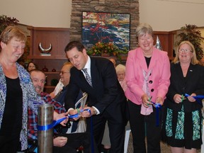 Ribbon cutting ceremony this afternoon at official opening of Extendicare Maple View. MPP David Orazietti; Elaine Pitcher (Board Chair, North East LHIN); Fran Rose (Dean, Health Sciences, Sault College) and Tim Lukenda (President and CEO, Extendicare).