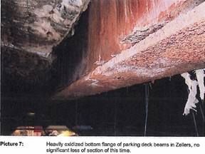 A photo of a beam beneath Zellers which was removed from MR Wright's final inspection report.