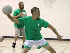 Scott Gillesby takes aim during Sarnia Dodgeball's weekly Wednesday night dodgeball game on May 29 in Sarnia. Gillesby has been a team captain since the league began earlier this year.  LIZ BERNIER/THE OBSERVER/QMI AGENCY