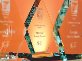 Stratford received its trophy in New York Thursday for being one of the Intelligent Community Forum's Top 7 smart cities in the world. (MIKE BEITZ, The Beacon Herald)