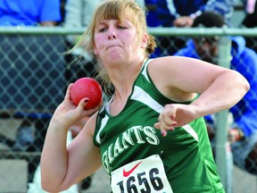 Ashley Connell, of the South Grenville Giants, is pictured in shot put competition at last year's OFSAA Track and Field Championships at TISS. Connell on Friday finished second in senior girls shot put at the 2013 event in Oshawa. (RECORDER AND TIMES FILE PHOTO)