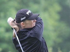 Kingston's Patti Hogeboom watches her tee shot at the Cataraqui Ladies Field Day at Cataraqui Golf and Country Club on Friday. Hogeboom won the field day and will be the No. 1 seed for Eastern Provinces match play. (Michael Lea/The Whig-Standard)
