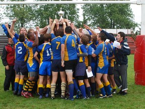 The BCI senior boys rugby team won OFSAA gold Friday, June 7, 2013, defeating Kingston's Regiopolis-Notre Dame 25-15 in the final in Nepean, Ontario. (Photo by Mike Gorski)