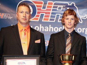 Chatham's Adam Ripley, left, and Blenheim's Brady Campbell, as well as Pain Court's Patrick Myers (not pictured), were honoured Friday at the Ontario Hockey Association awards ceremony. (Photo courtesy of OHA)