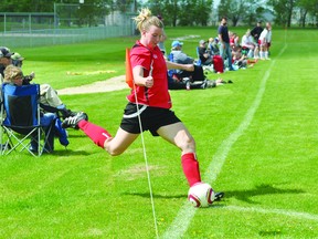 Jessica Dyck of the Portage Blaze takes a corner kick during the Blaze's third-place game against the Brandon Chaos in the Central Plains Cup on June 9. (Kevin Hirschfield/THE GRAPHIC/QMI AGENCY)