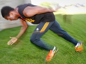 Sprinter Lotanna Eze, Grade 12 student at Albert College in Belleville, Ont. knows he is fast. The 18-year-old Nigerian native broke the Conference of Independent Schools Athletic Association's (CISAA) 100-m record with a time of 10.88 seconds during CISAA's Senior Track and Field meet at York University in Toronto, Ont. from May 13 to 16, 2013. The former CISSA 100-m record, 11.01 seconds, was set last year by Upper Canada College student Marc-Andre Alexandre. Eze, or “LoLo' as his friends and family members call him, is seen here at Albert College in Belleville, Ont. Wednesday, June 5, 2013.  JEROME LESSARD/The Intelligencer/QMI Agency