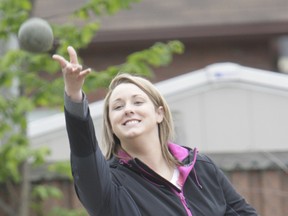 Krystal Crosato shows off her throwing form during competitive play in the Service Grill Mixed Bocce League. The mixed league features regularly-scheduled games every Wednesday night at the Korah Road establishment.