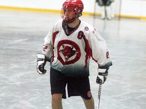 Wallaceburg Red Devils captain Joel Shepley watches the play, during a game against Windsor at Wallaceburg Memorial Arena on June 5. The Red Devils jumped out to a 6-2 lead but ended up losing 11-7.