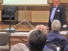 Mayor Howard Dirks talked about the Town's taxes May 28 at the Vulcan Lodge Hall.