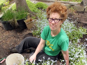 Dino Maritin sits in the flowers in front of her Wolseley area home Monday June 10, 2013. The city wants her to remove the plants due to a complaint.BRIAN DONOGH/WINNIPEG SUN/QMI AGENCY