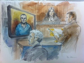 Left to right: Michael Rafferty appeared by video at the Court of Appeal at Osgoode Hall, His lawyer: Paul Calarco. Justice Kathryn N. Feldman, Crown attorney: Randy Schwartz June 10, 2013. (Sketch by Pam Davies)